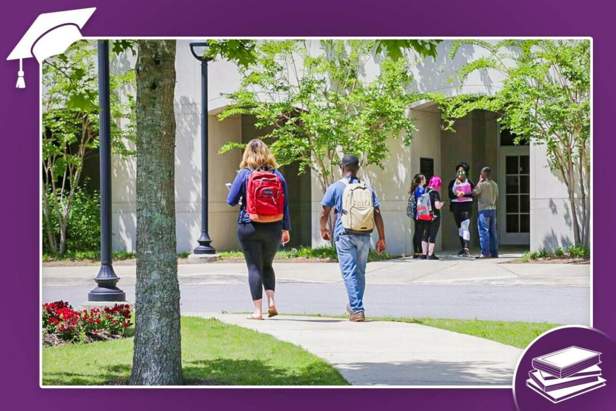 Two students walking on a path to a building where others are standing.