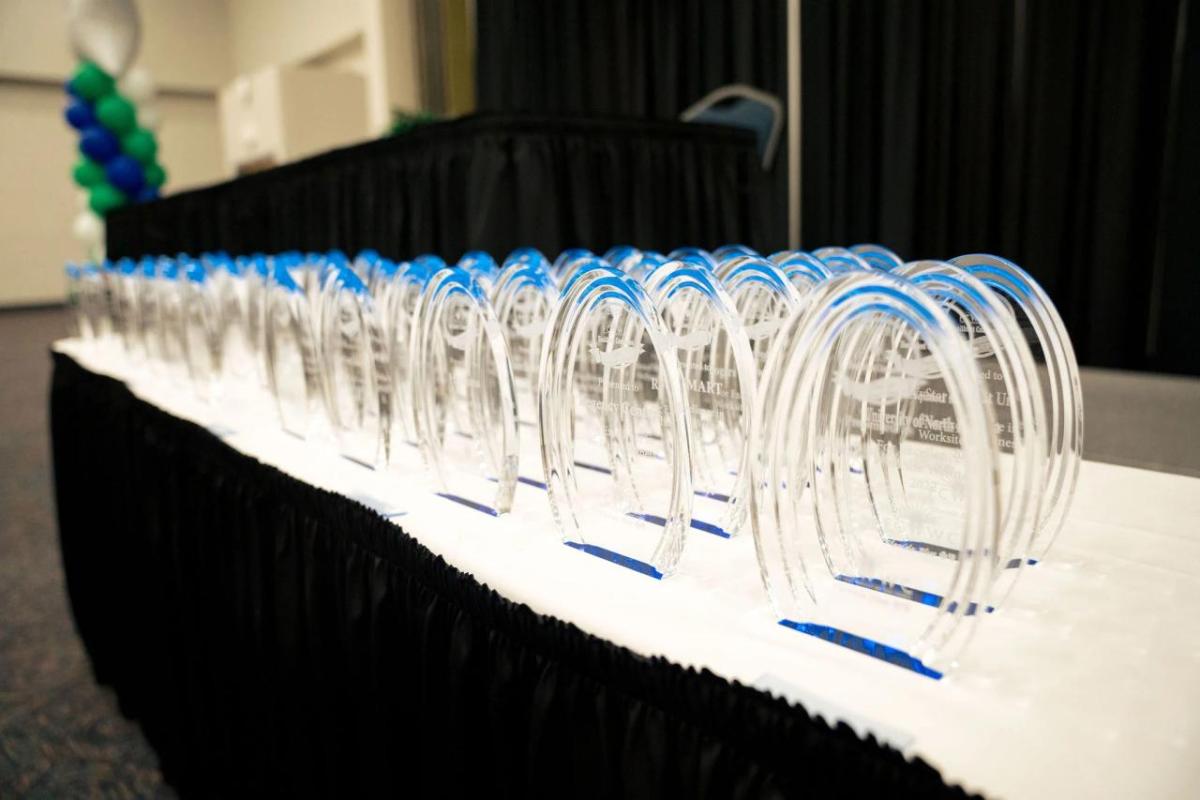 A table full of awards.