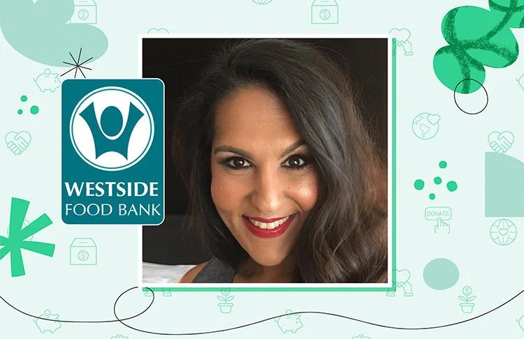 Renu Mevasse with a frame of green symbols and Westside Food Bank logo.