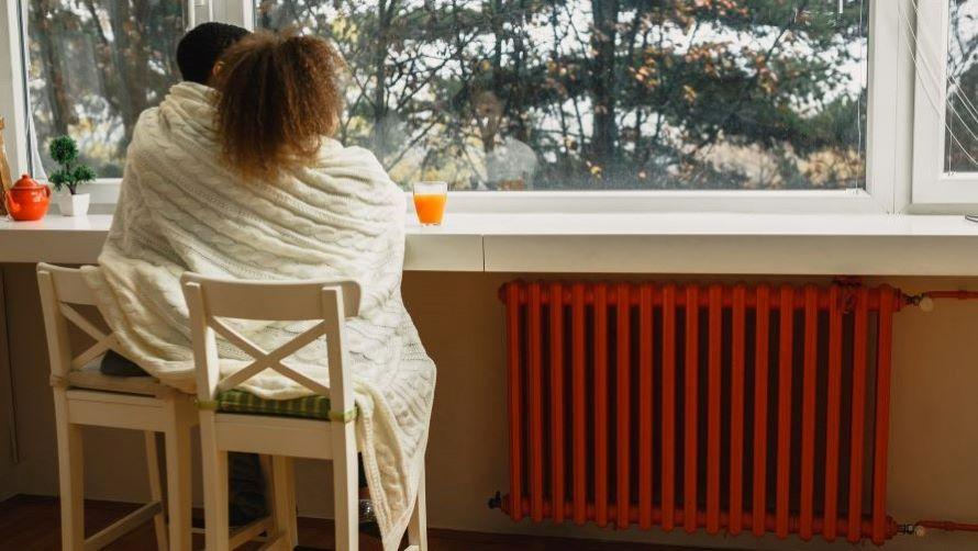 two people sharing a blanket at home, gazing out through a window